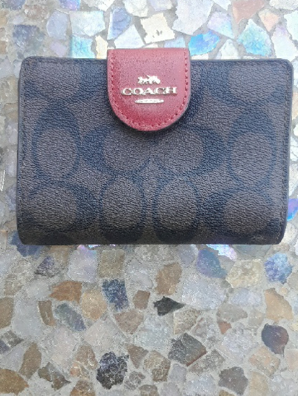 COACH Brown Signature Canvas Wallet with Red Snap Tab